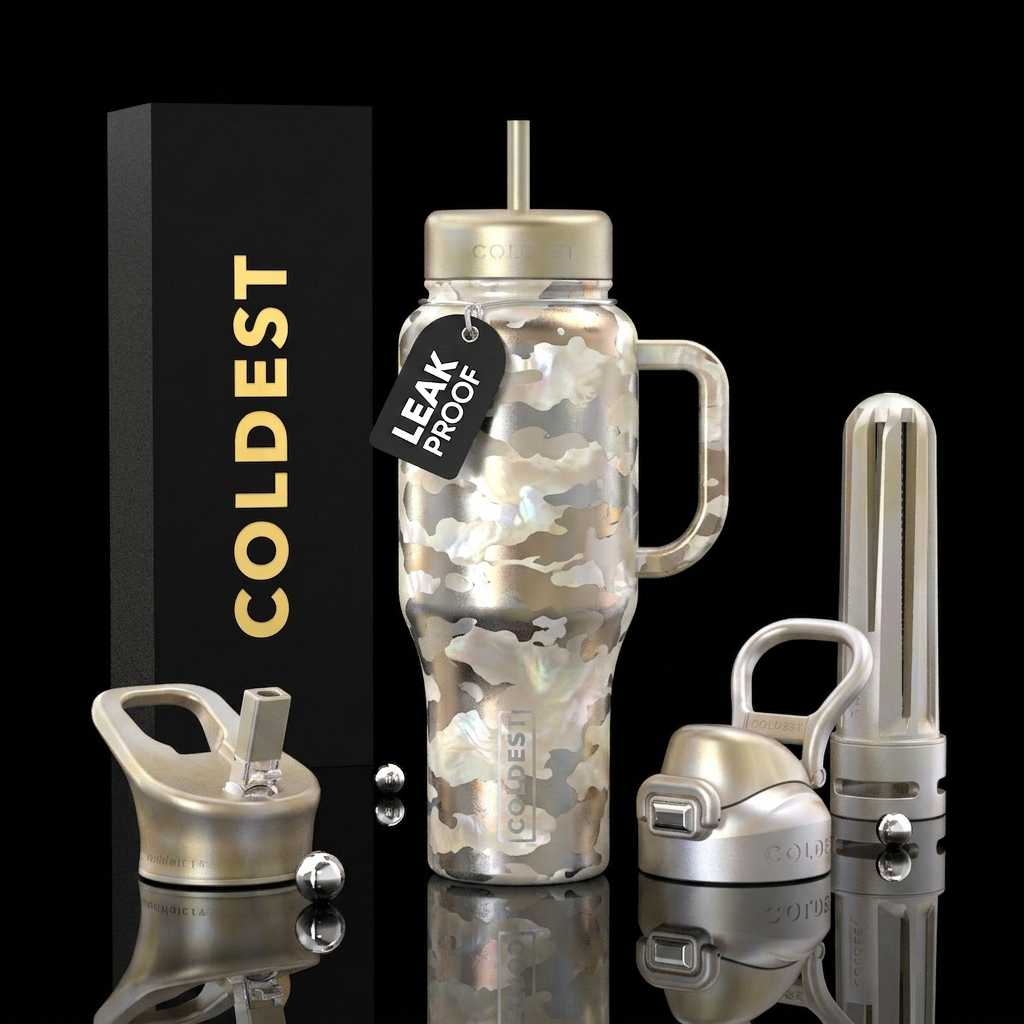 Muted mother of pearl and metallic camouflage water bottle design