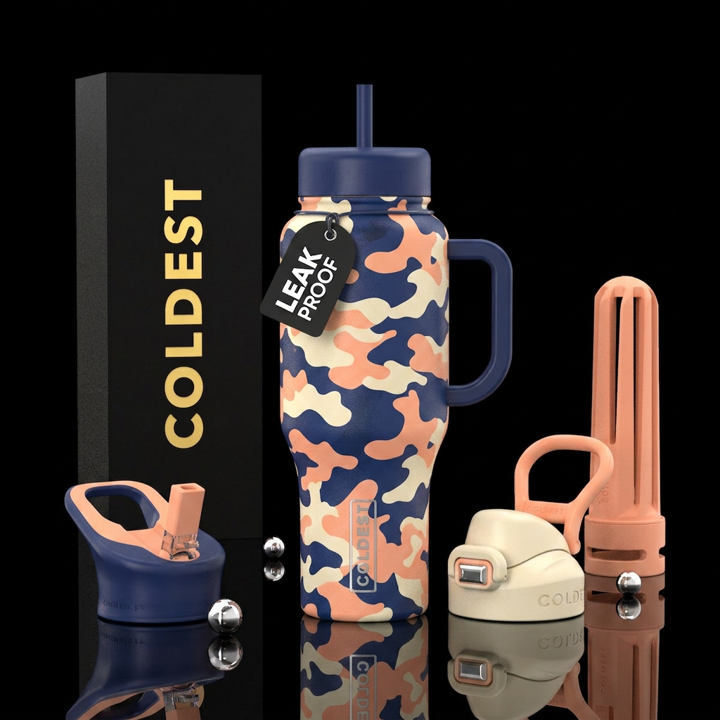 Navy blue peach and cream camouflage water bottle design