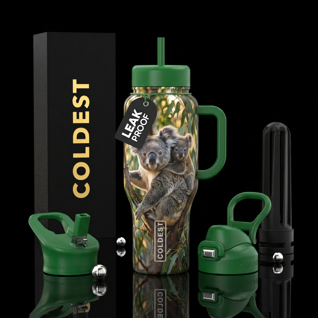 A Koala mom and baby peeking through eucalyptus tr... water bottle design