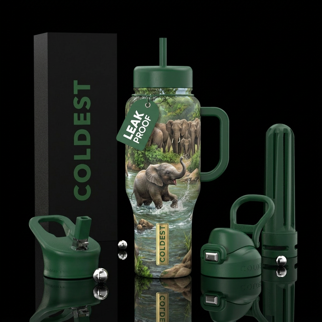 Baby elephant playing in river while elephant herd... water bottle design