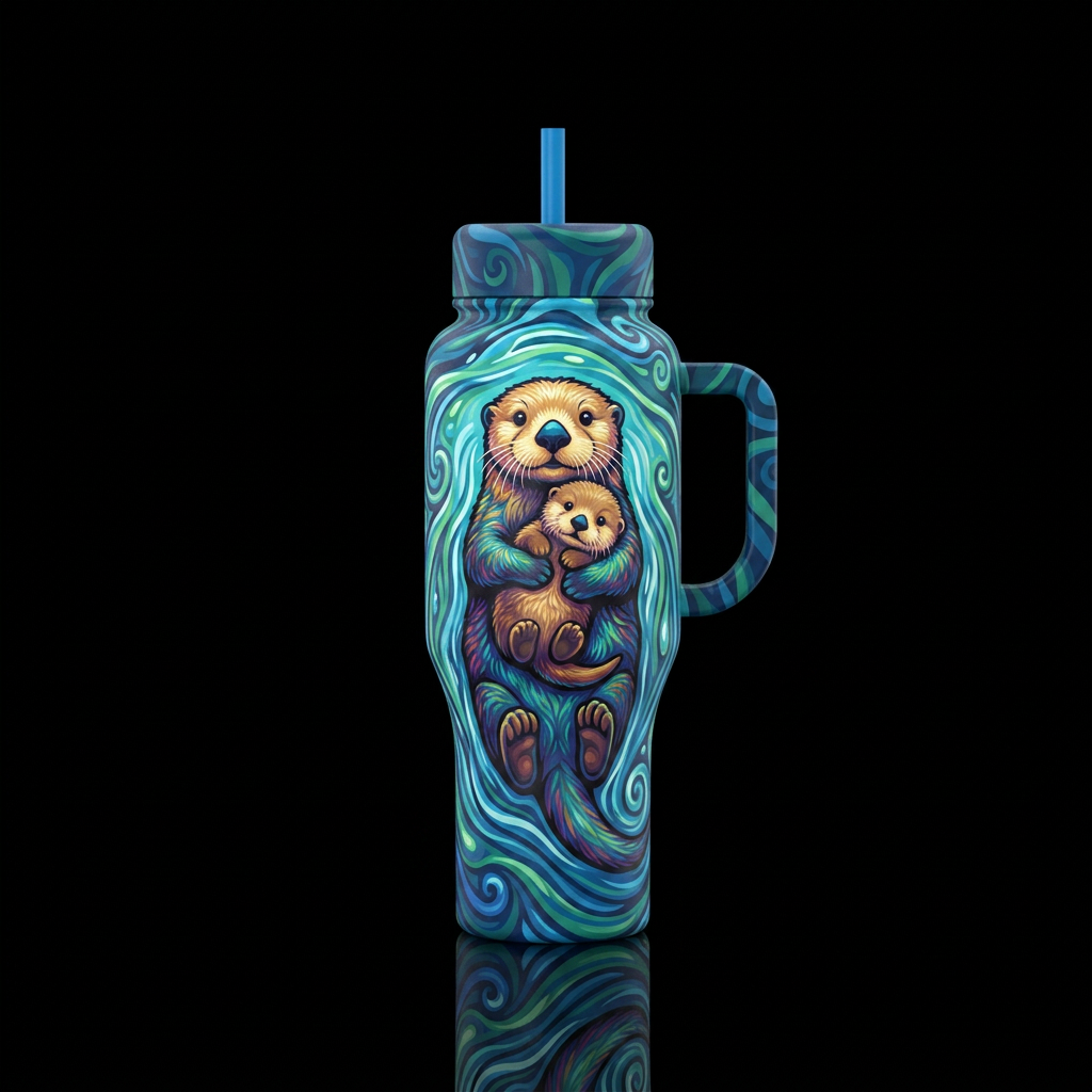 Mother otter floating in river with baby otter snu... water bottle design