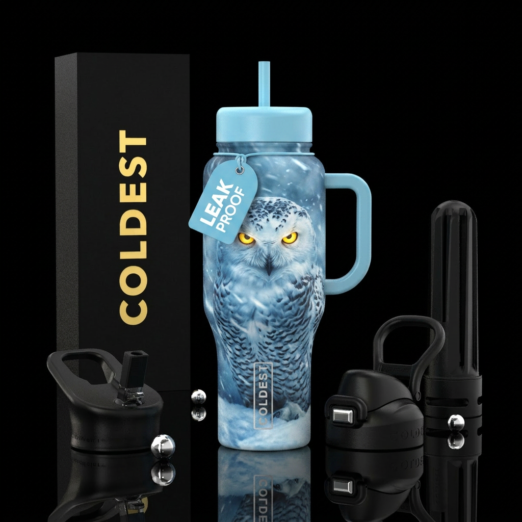 Snowy owl glowing eyes through blizzard water bottle design
