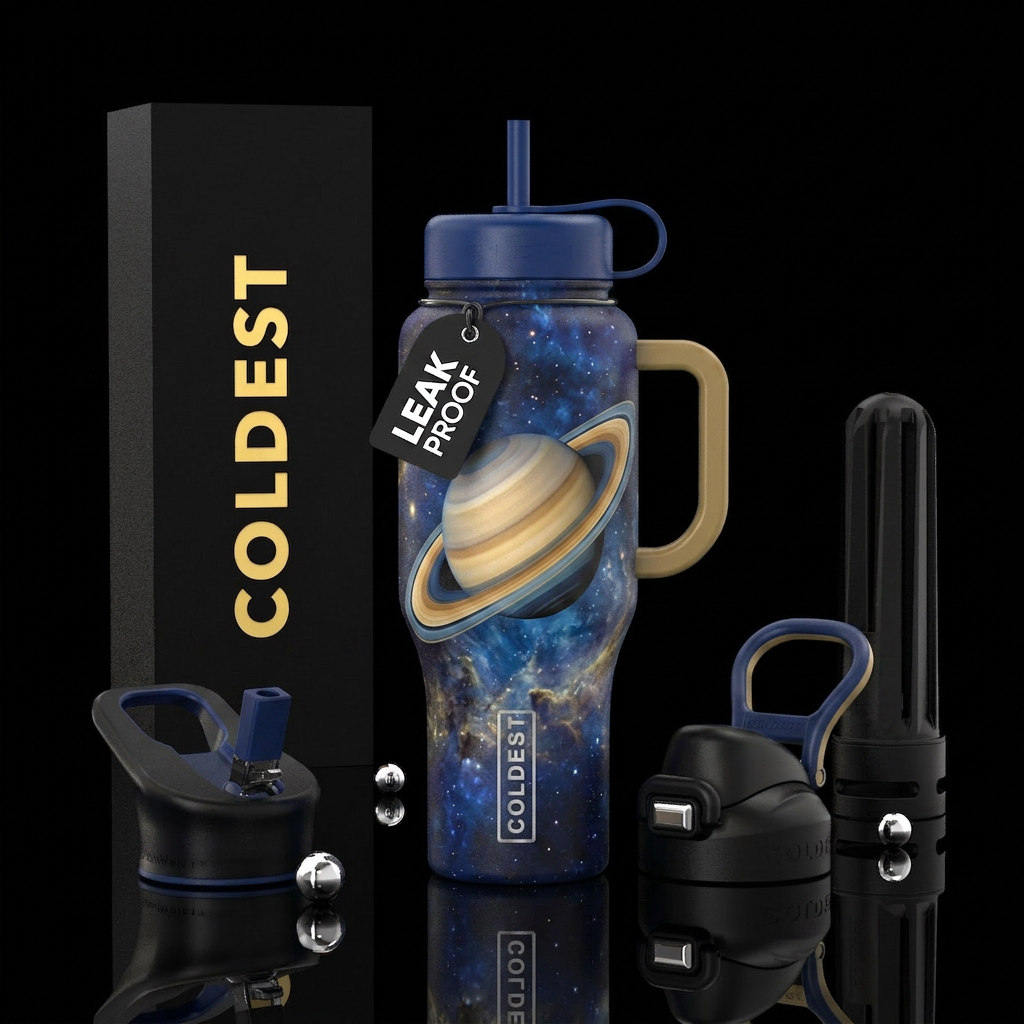 Saturn with its beautifully colored dusty rings in... water bottle design