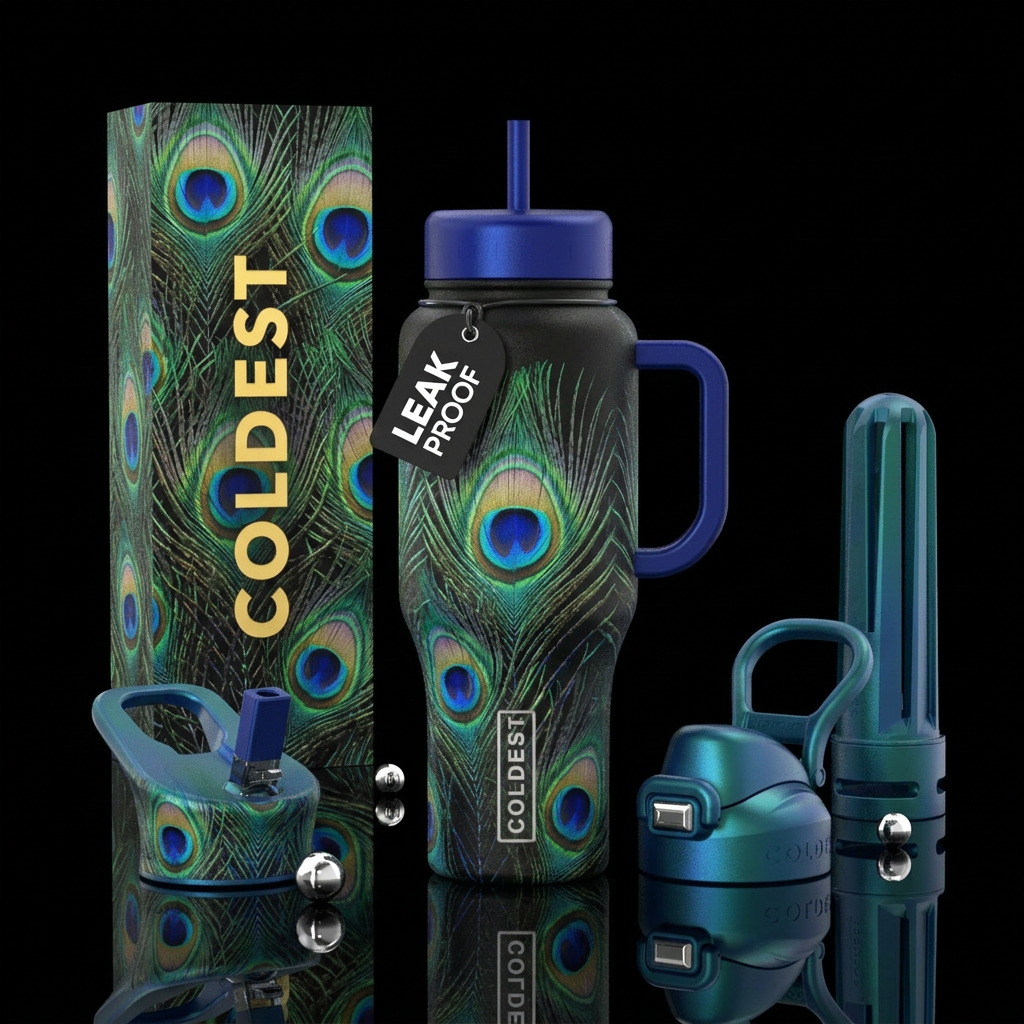 Peacock feathers water bottle design