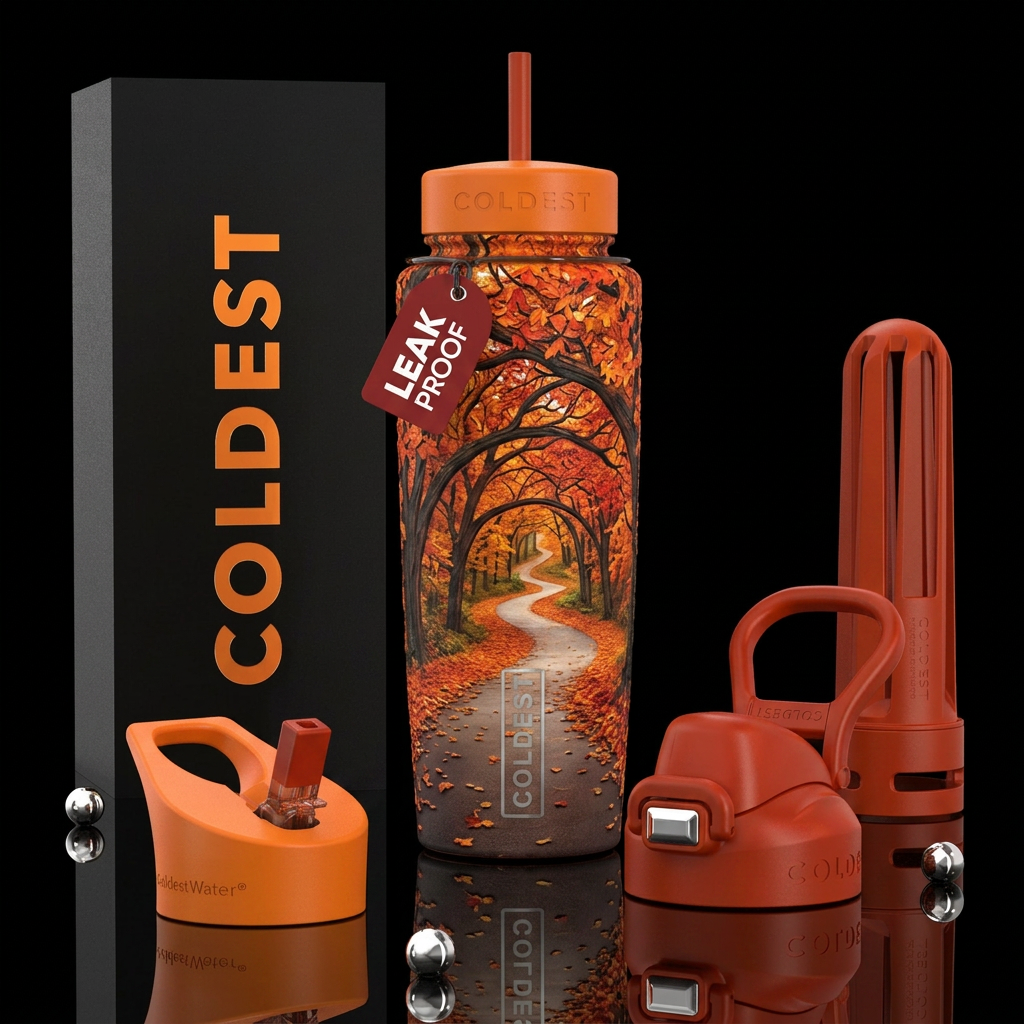 Path under arched autumn trees water bottle design