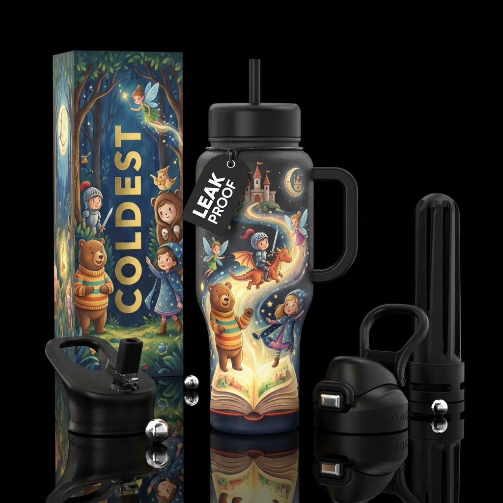 Children's storybook characters coming out of cozy... water bottle design