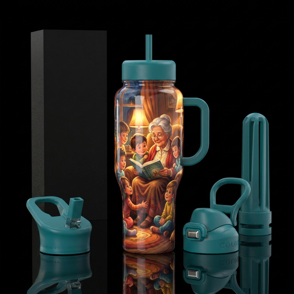 Children curled up around grandma in cozy lit room... water bottle design