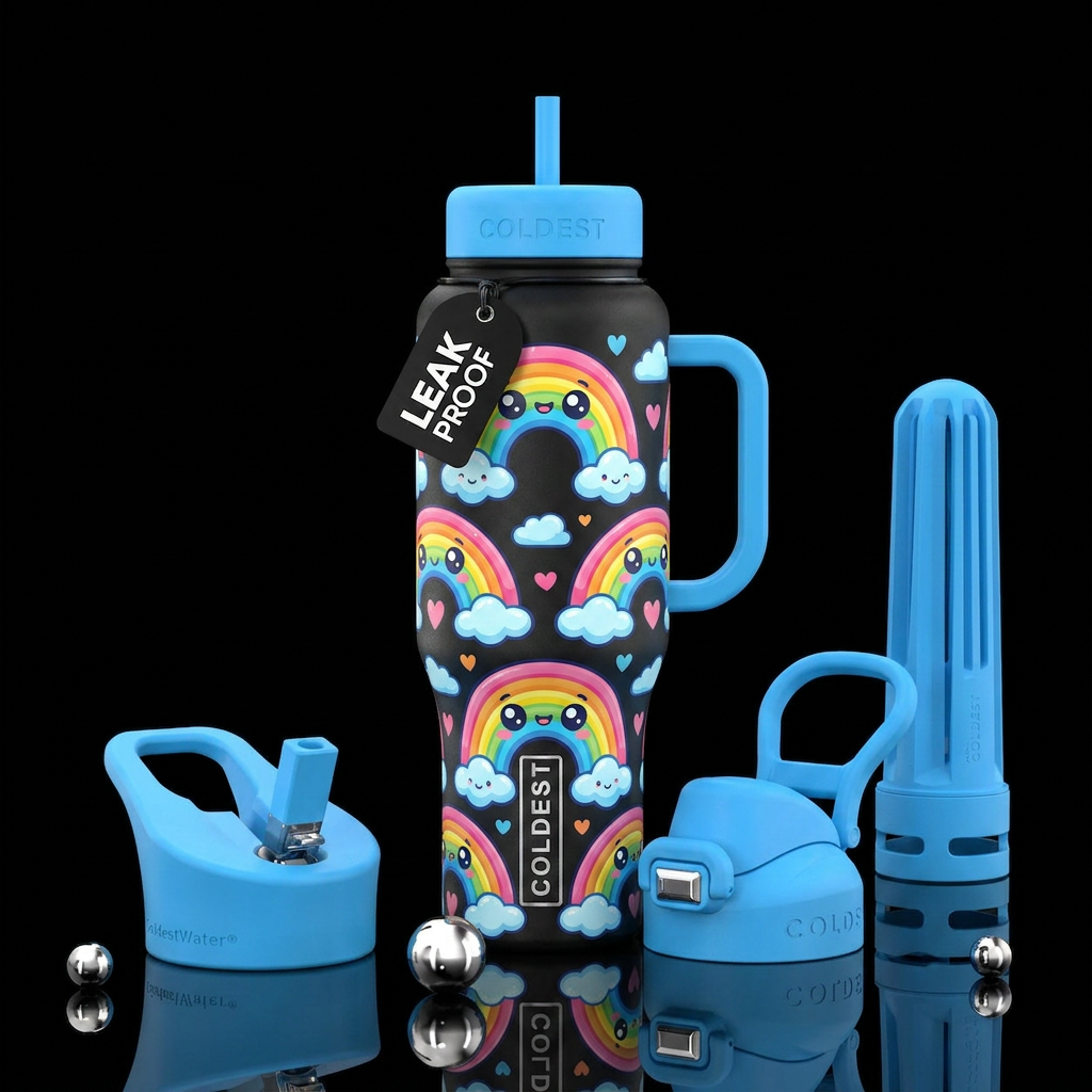 Baby whimsical cartoon rainbows with big eyes water bottle design