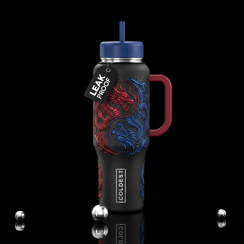 Yin yang red blue dragons water bottle design
