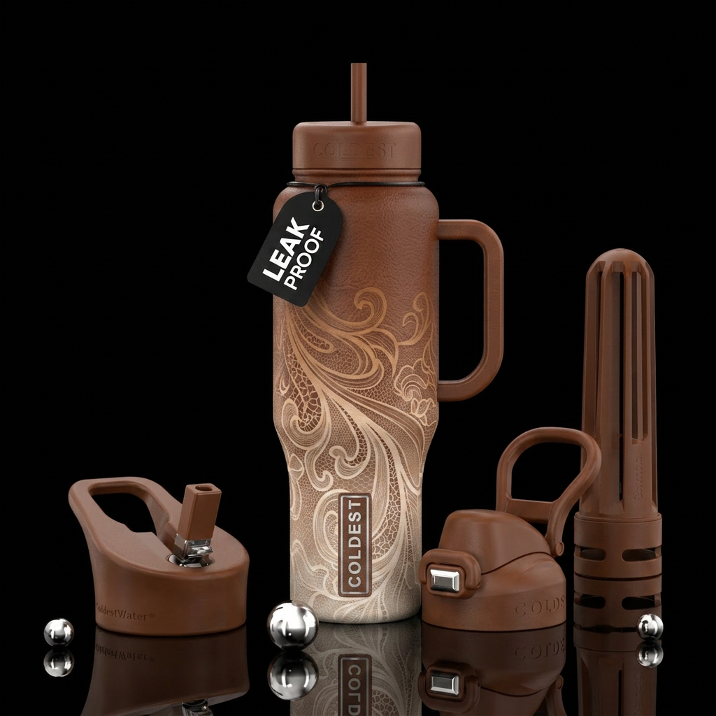 Brown leather and beige lace ombre swirl water bottle design