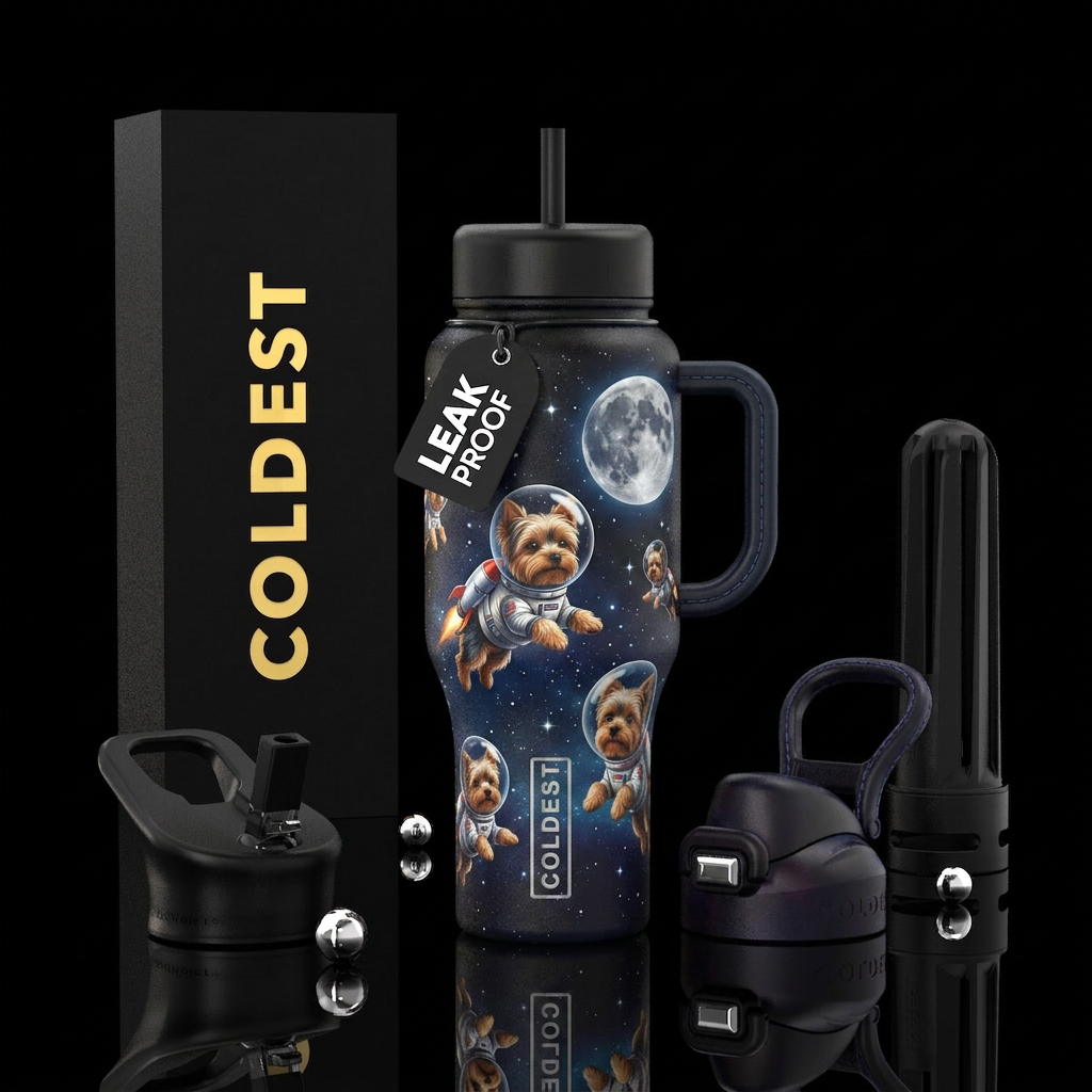 Yorkies flying to the moon water bottle design