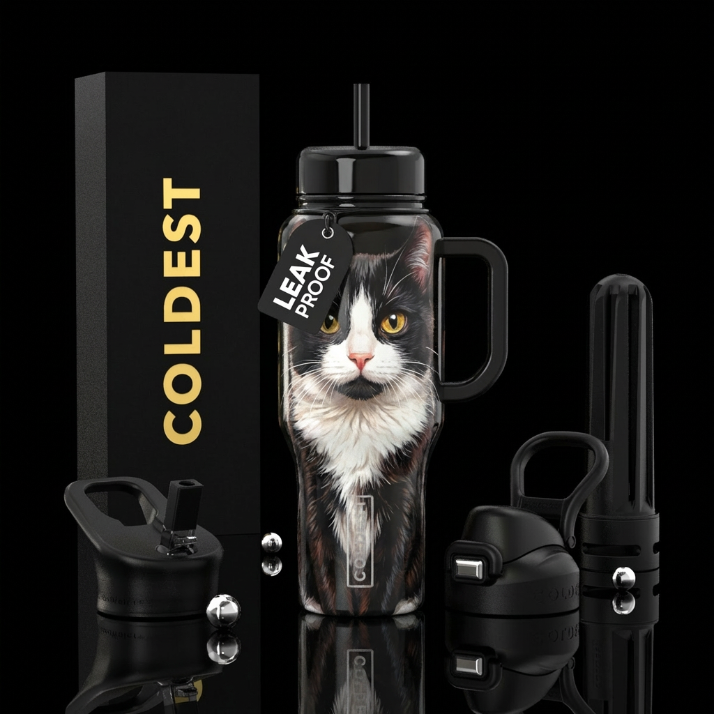 Tuxedo cat with black chin water bottle design