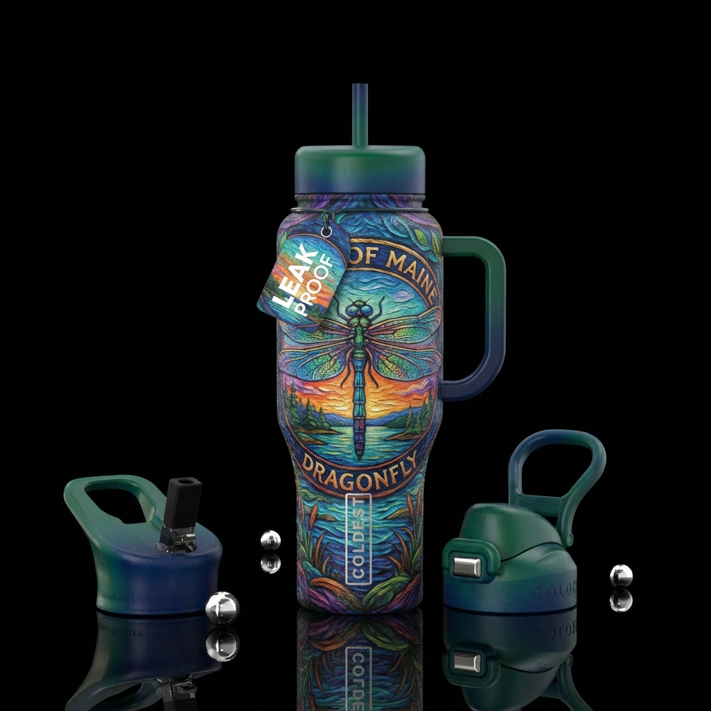 STATE OF MAINE ,TEXTURED , Dragonfly water bottle design