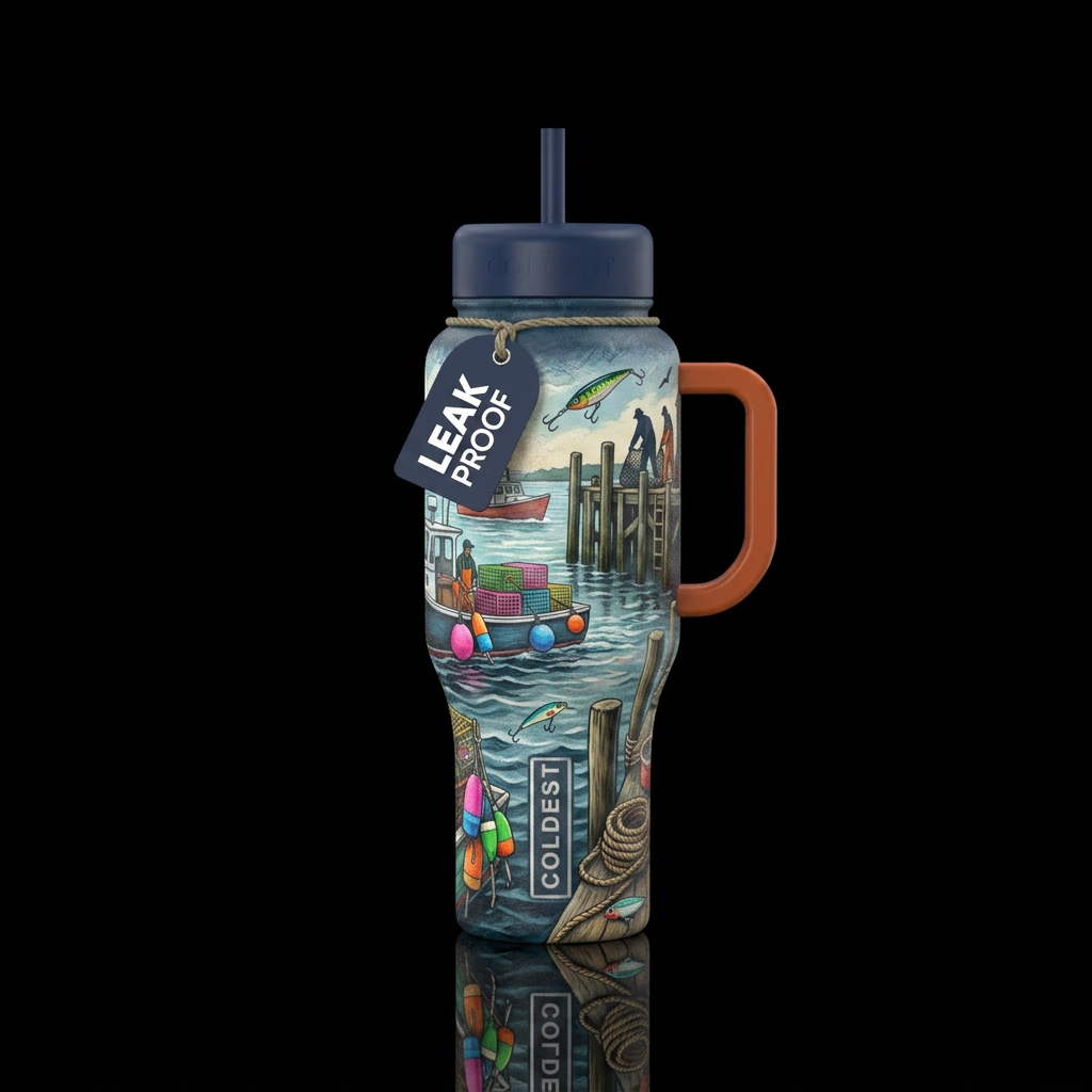 Maine fishing life water bottle design