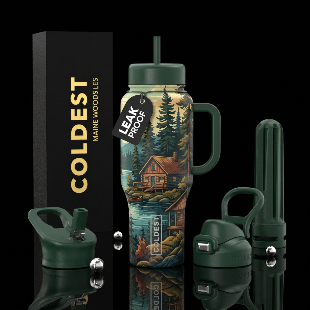 Maine woods and camps water bottle design