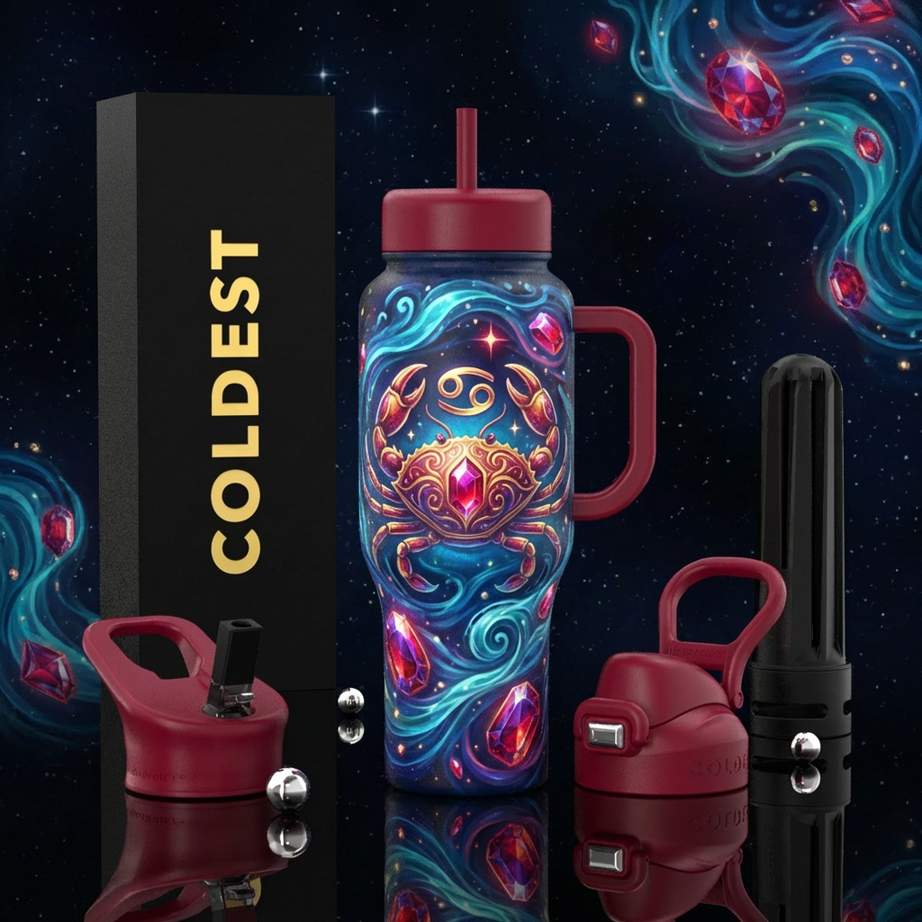 Cancer zodiac, water, ruby gemstone, magical, vibr... water bottle design