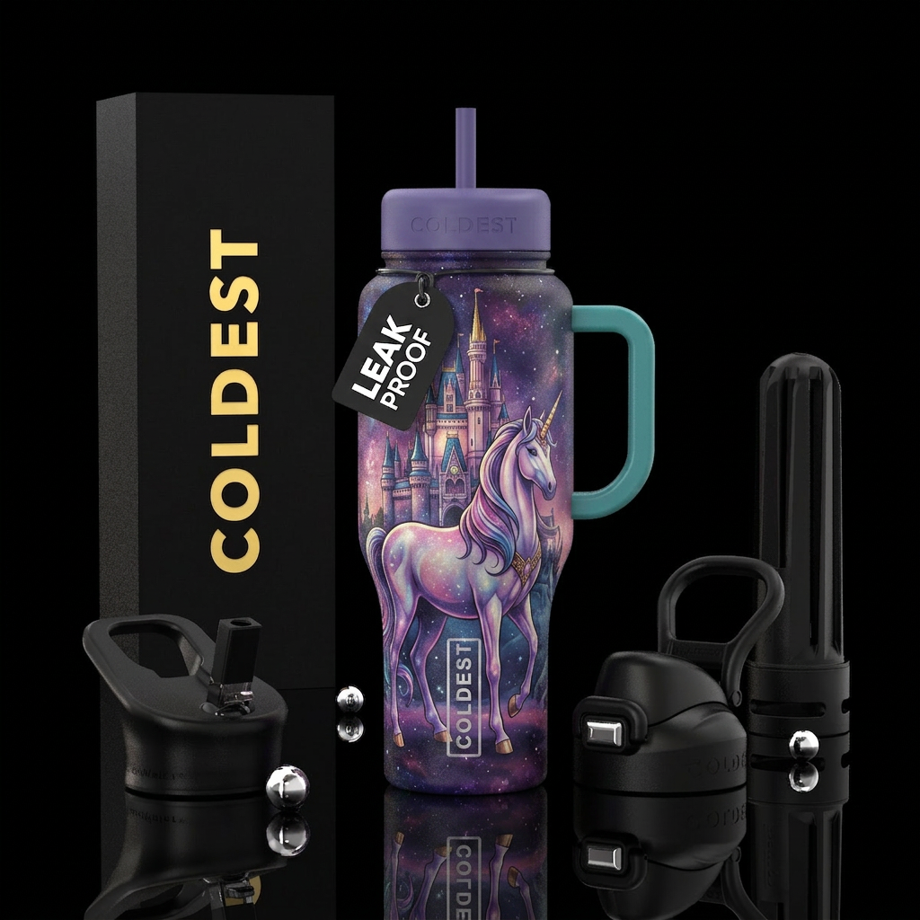 Unicorn realistic with castle water bottle design
