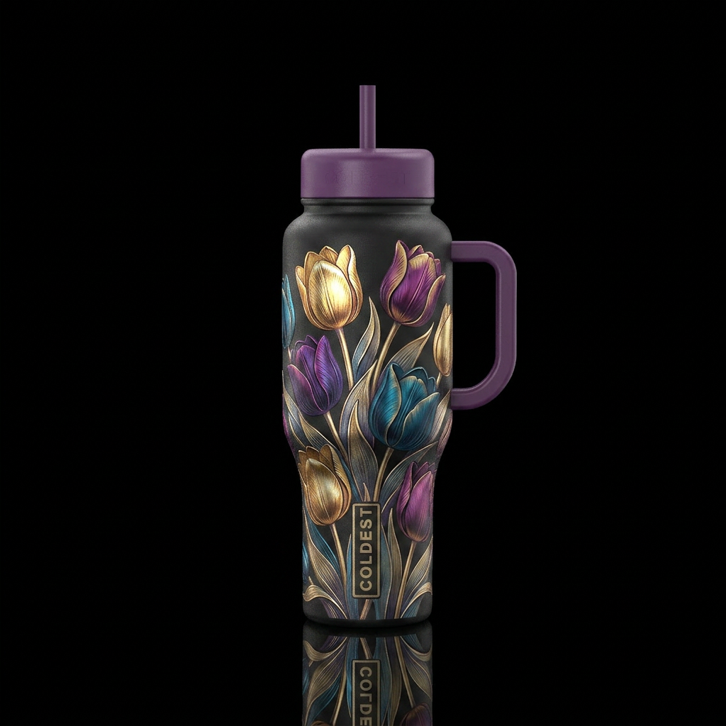 Metallic tulips water bottle design