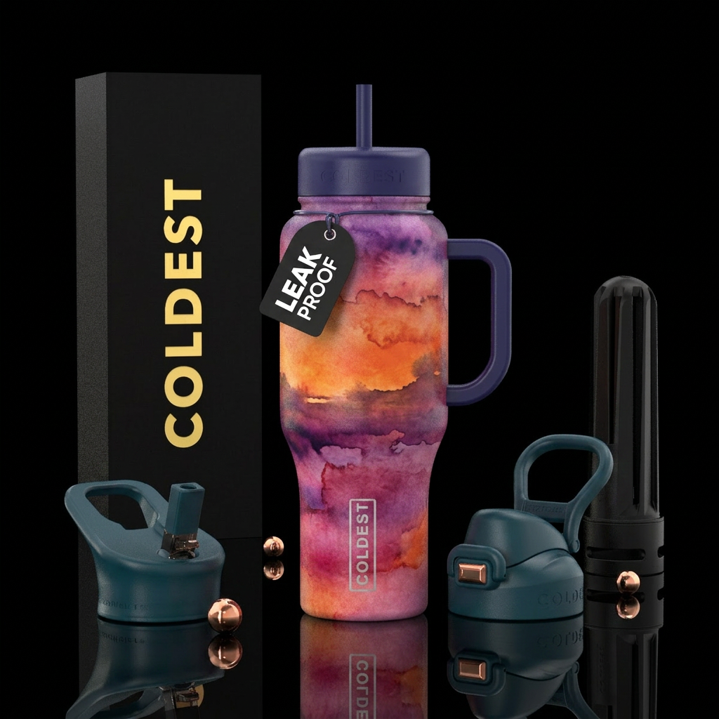 sunset, watercolor water bottle design