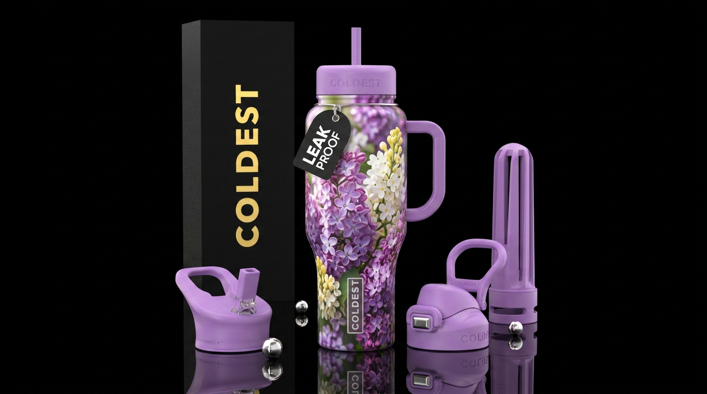 Purple, white and yellow lilacs water bottle design