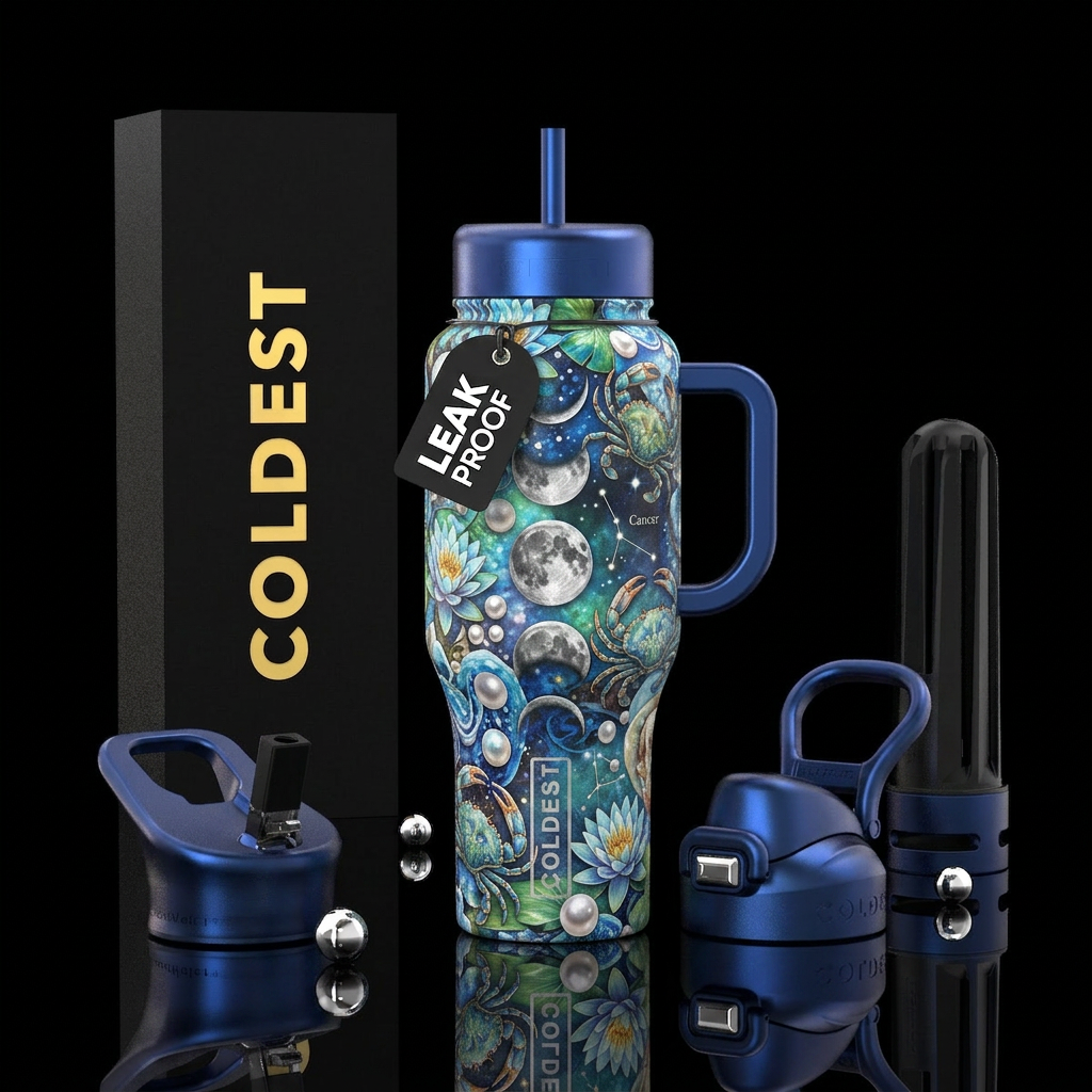 July, cancer zodiac, bright, busy, beautiful water bottle design