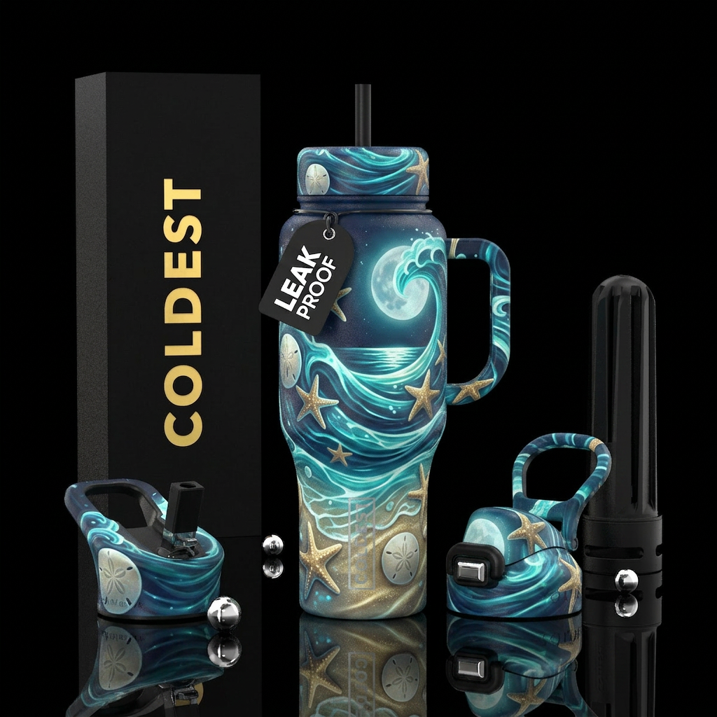 Beach, waves, moonlight, starfish, sand dollars, v... water bottle design