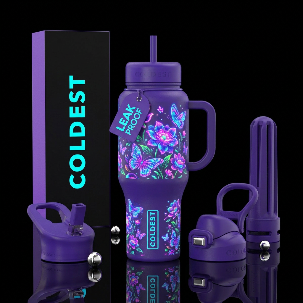 Neon flowers and butterflies water bottle design