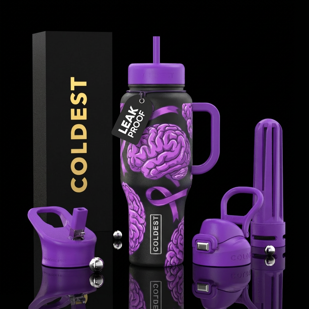 Brain purple ribbon water bottle design