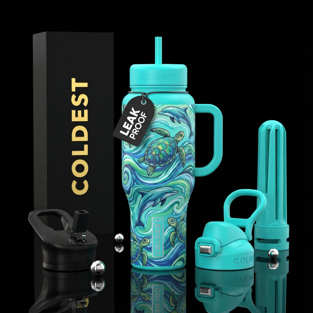 Turquoise sea turtles dolphins water bottle design