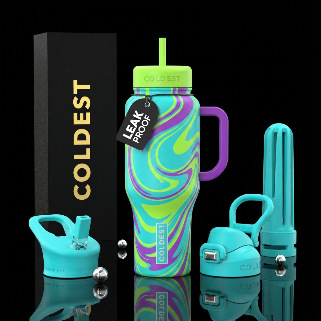 Turquoise lime green purple swirl water bottle design