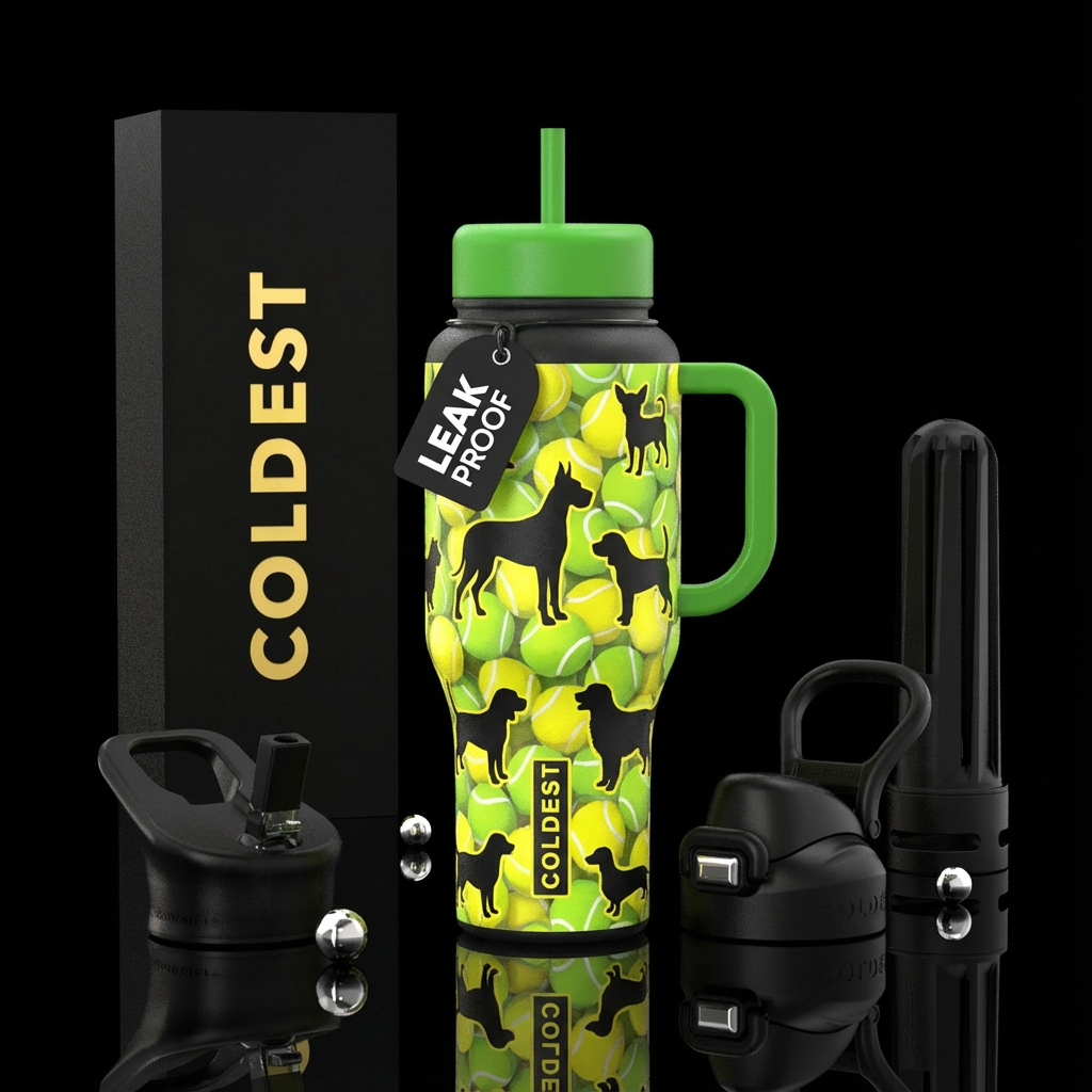 Big and small dog breeds in black with a repeating... water bottle design