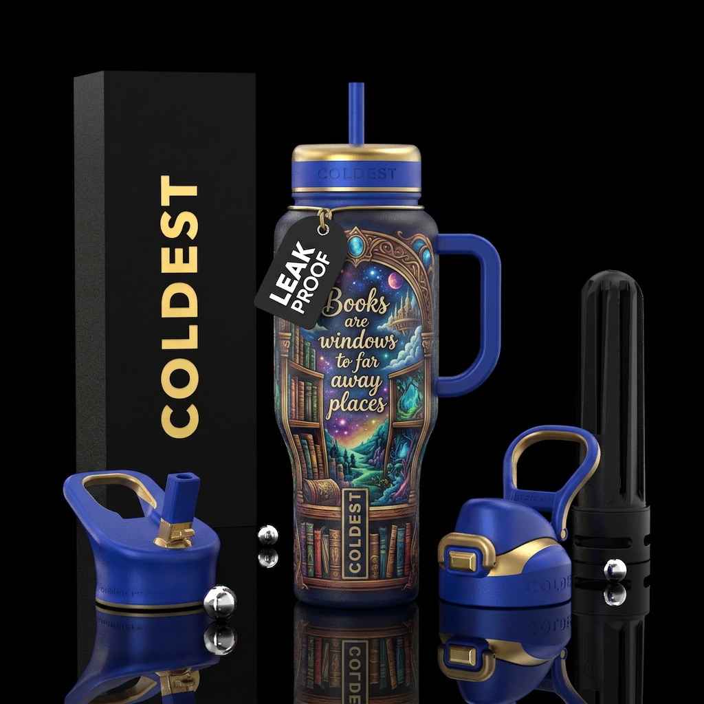 Books are windows to far away places water bottle design