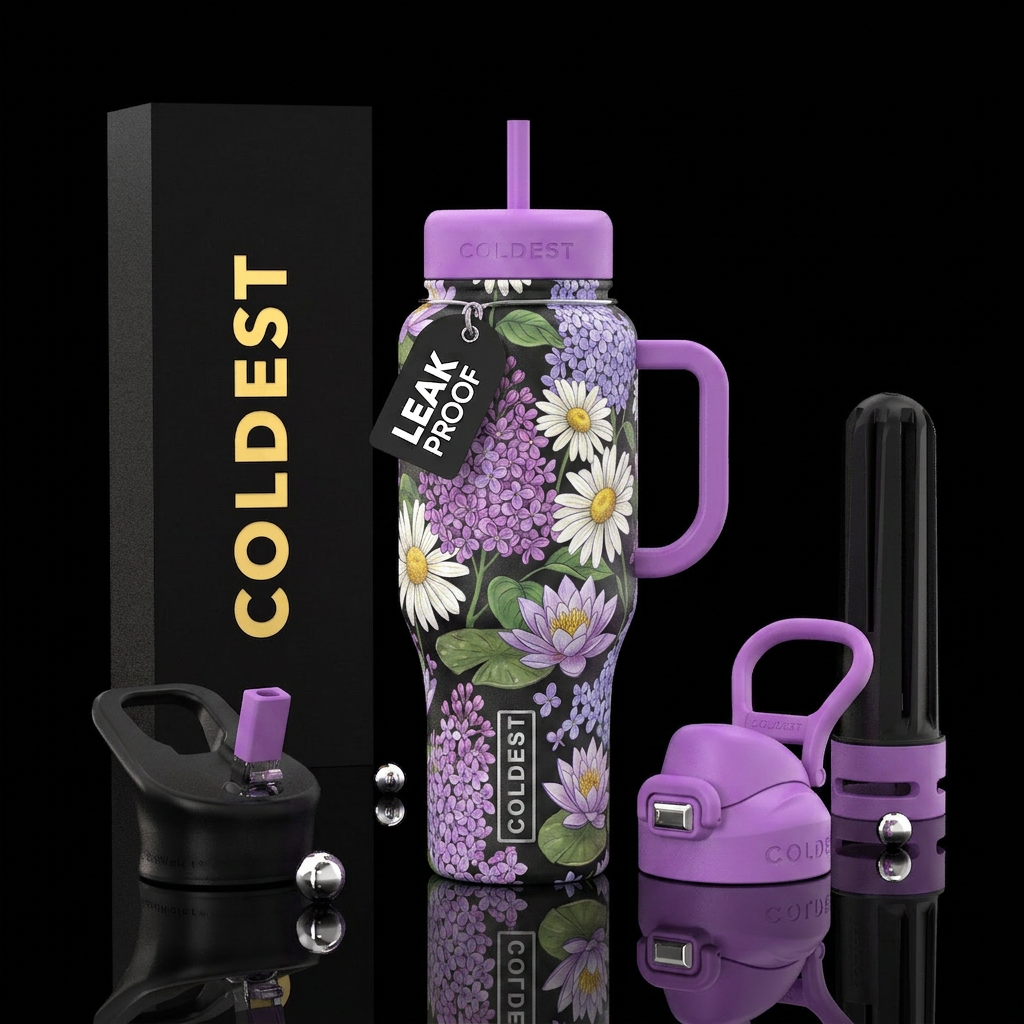 Lilacs daisies and aquatic liliex water bottle design