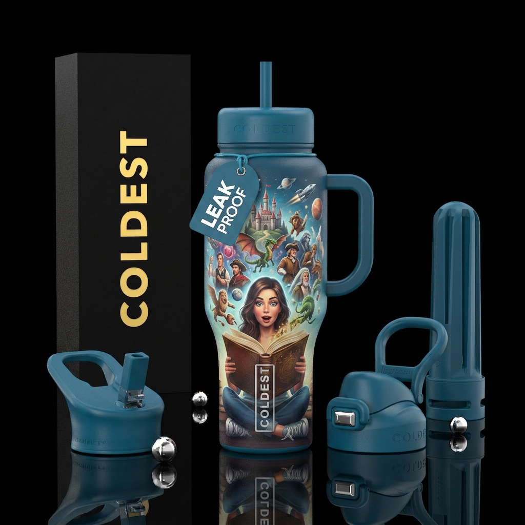 A woman reading with images of all of the things s... water bottle design