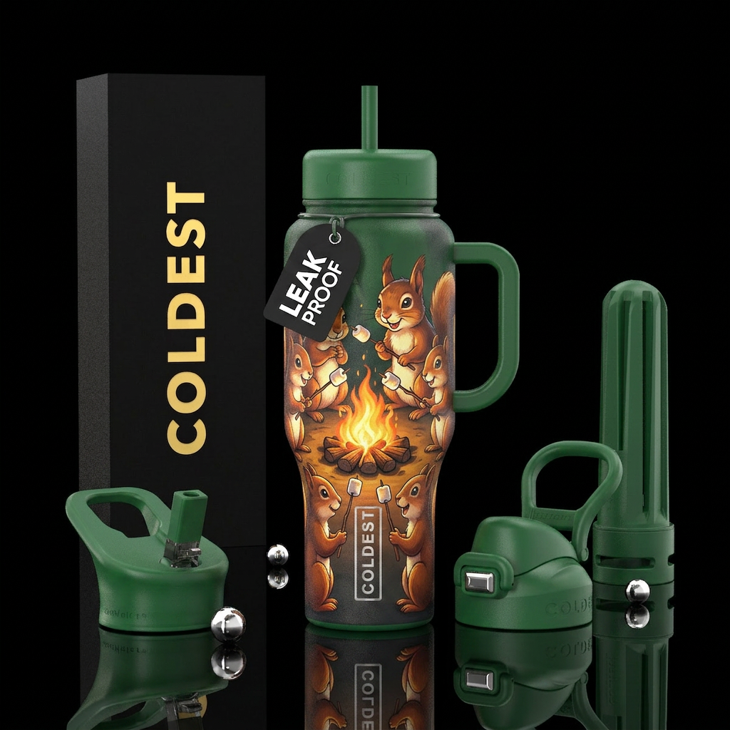 Squirrels sitting around the campfire roasting mar... water bottle design