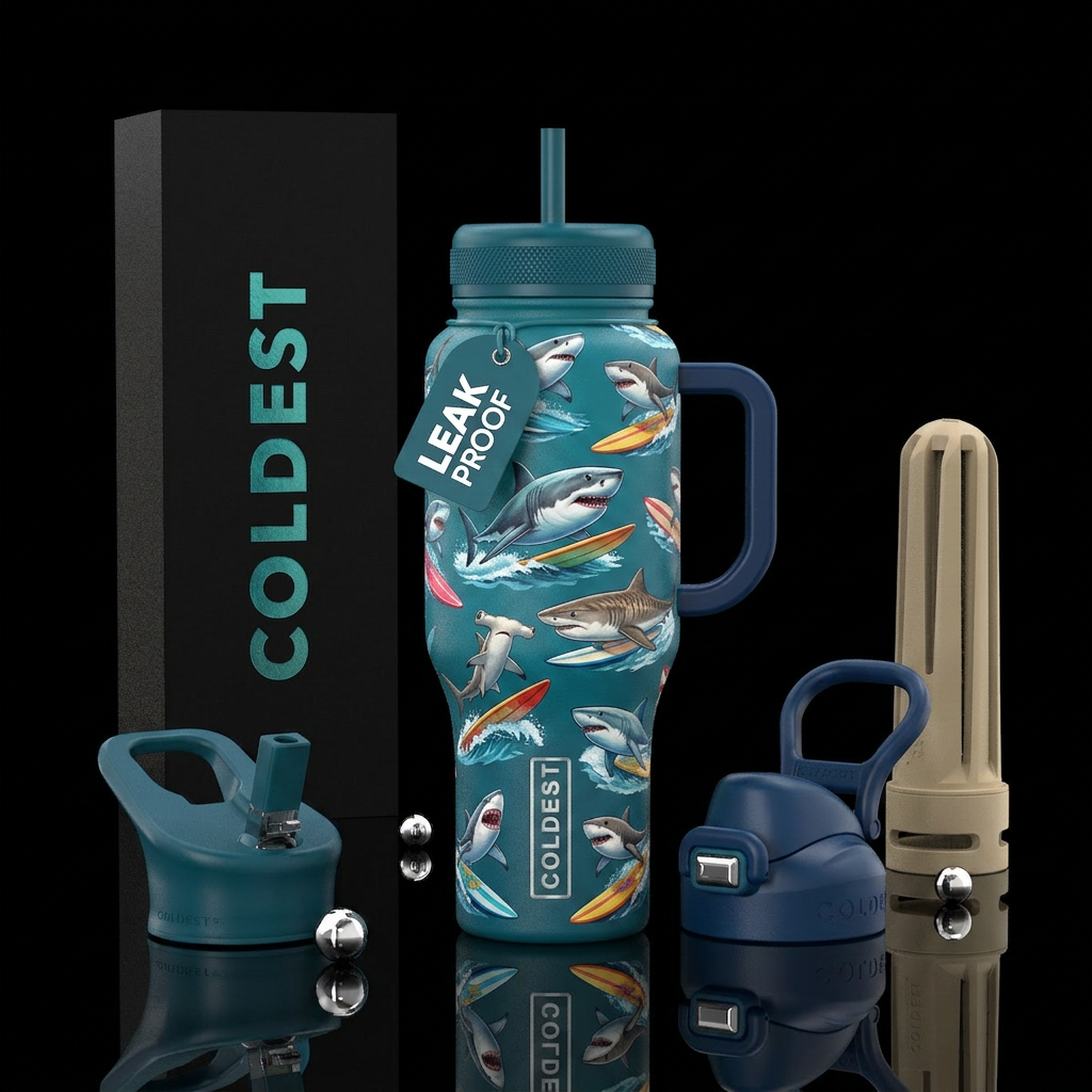 Sharks riding surfboards water bottle design