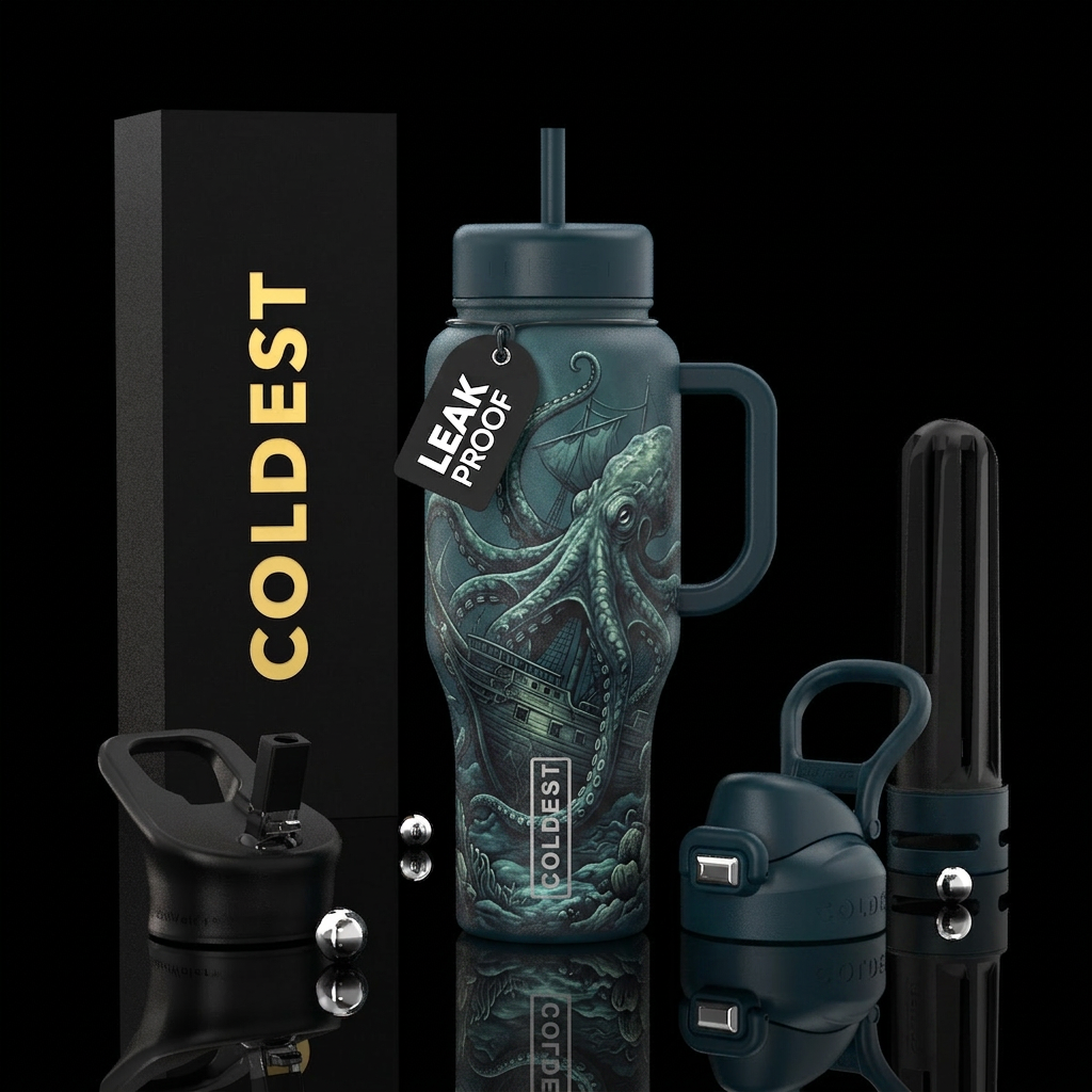 Kraken camouflaged by a ship at the bottom of the ... water bottle design