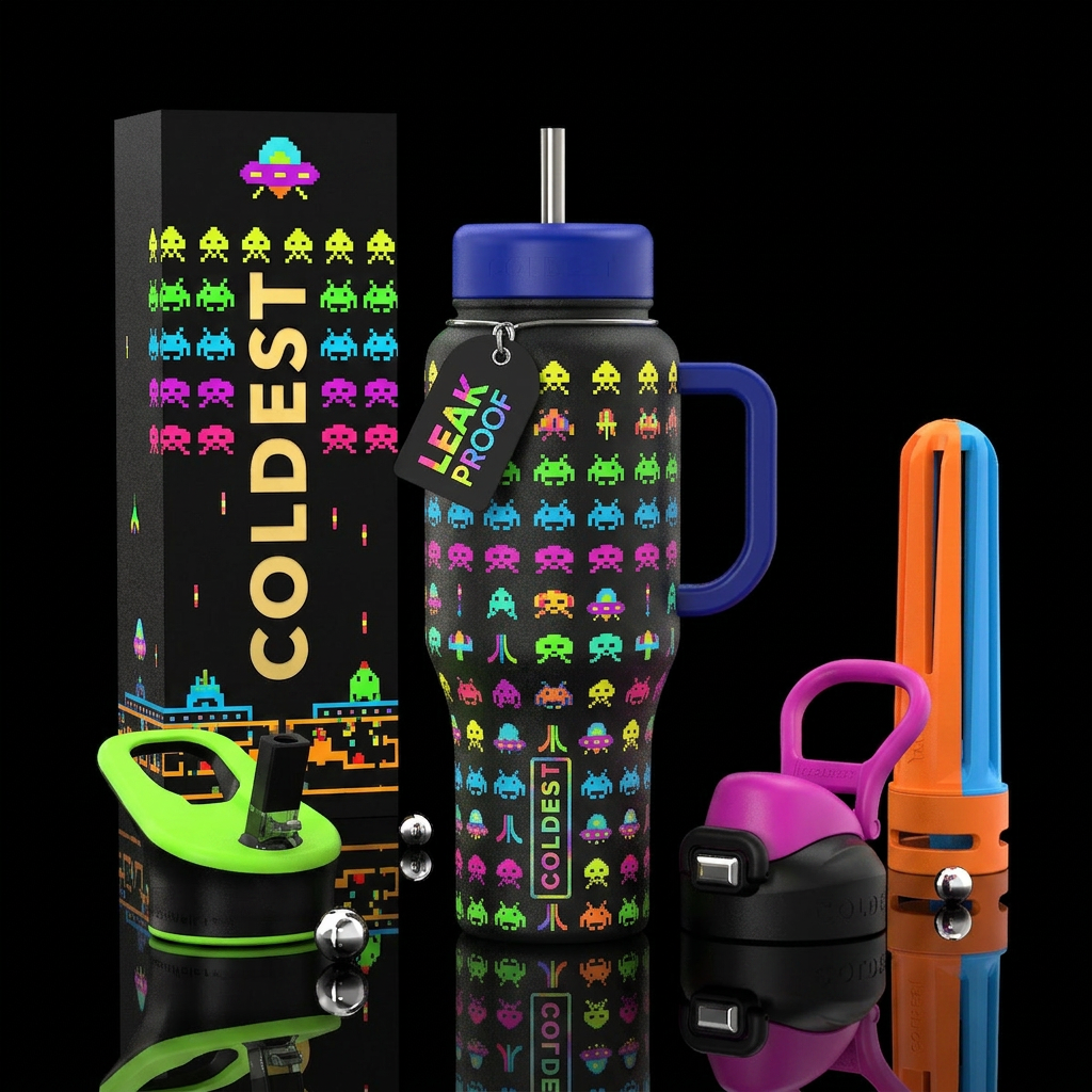 Atari space invaders water bottle design