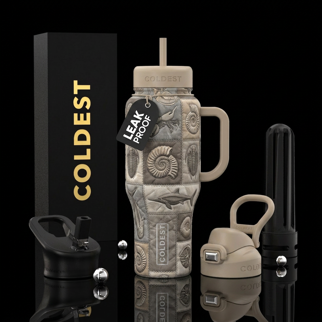 Fossils in neutral tones in a quilt pattern water bottle design