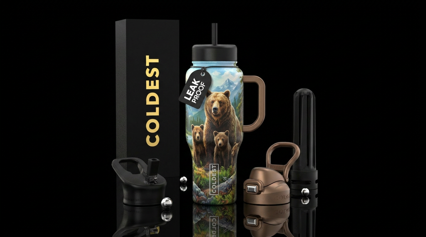 Mama bear realistic 3 cubs water bottle design