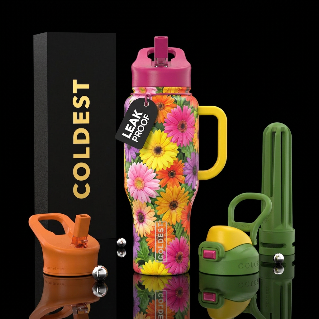 Brightly colored Gerber daisies water bottle design