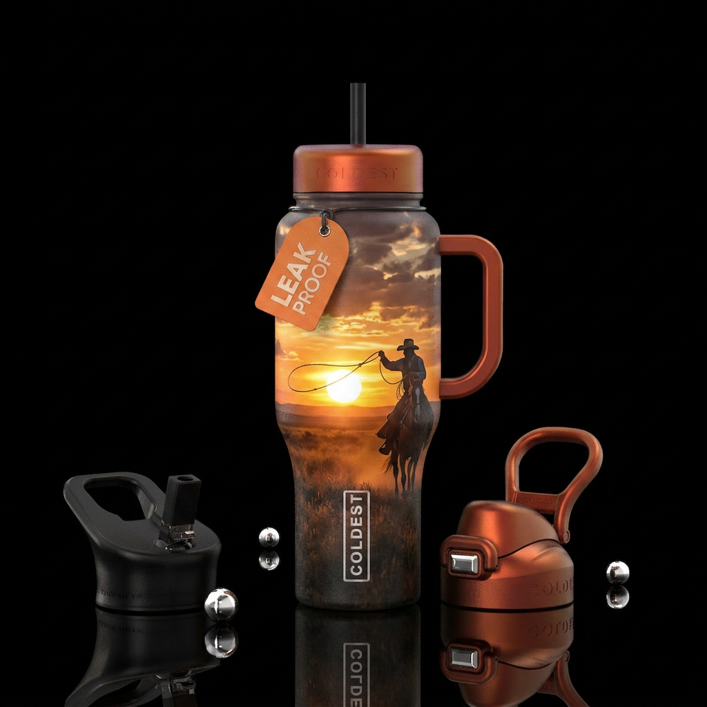 Realistic cowboy trying to lasso the sunset water bottle design