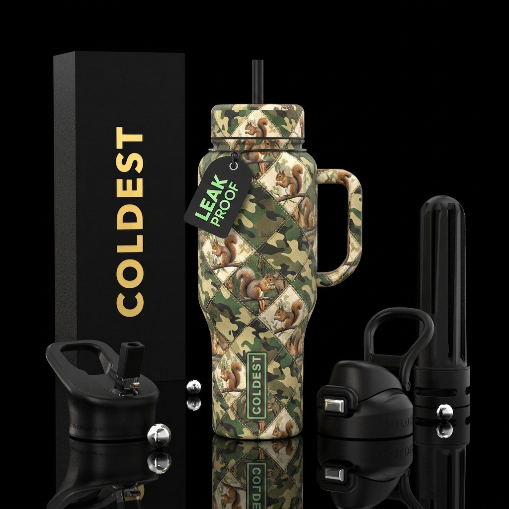 Patchwork quilt alternating camouflage and squirre... water bottle design