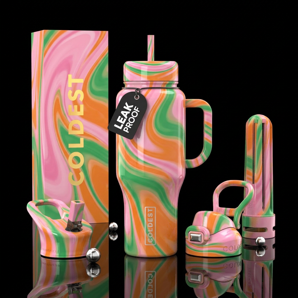 Swirl of pink green and orange water bottle design