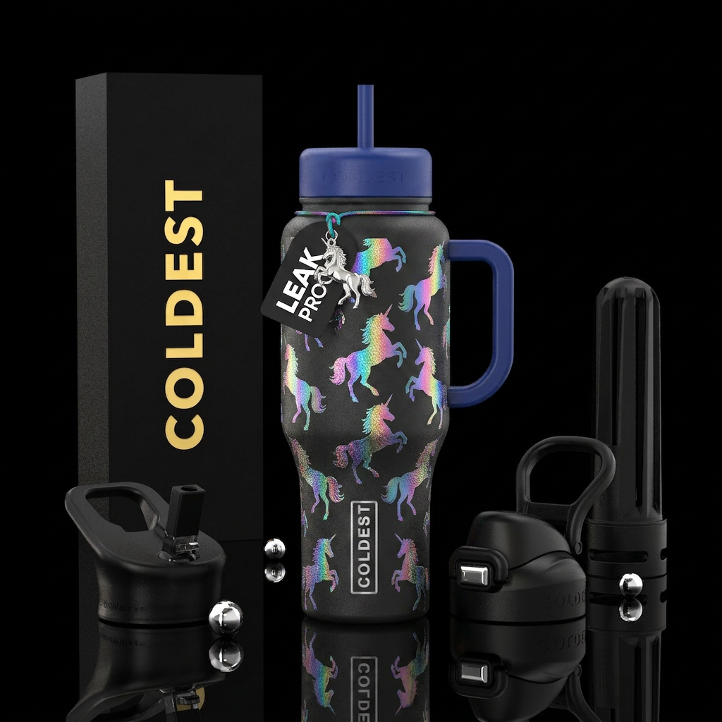 Iridescent unicorns water bottle design