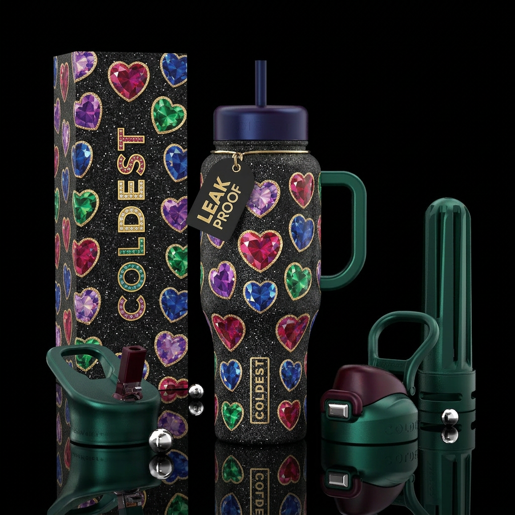 Jewelry tone hearts on a sparkly black background water bottle design