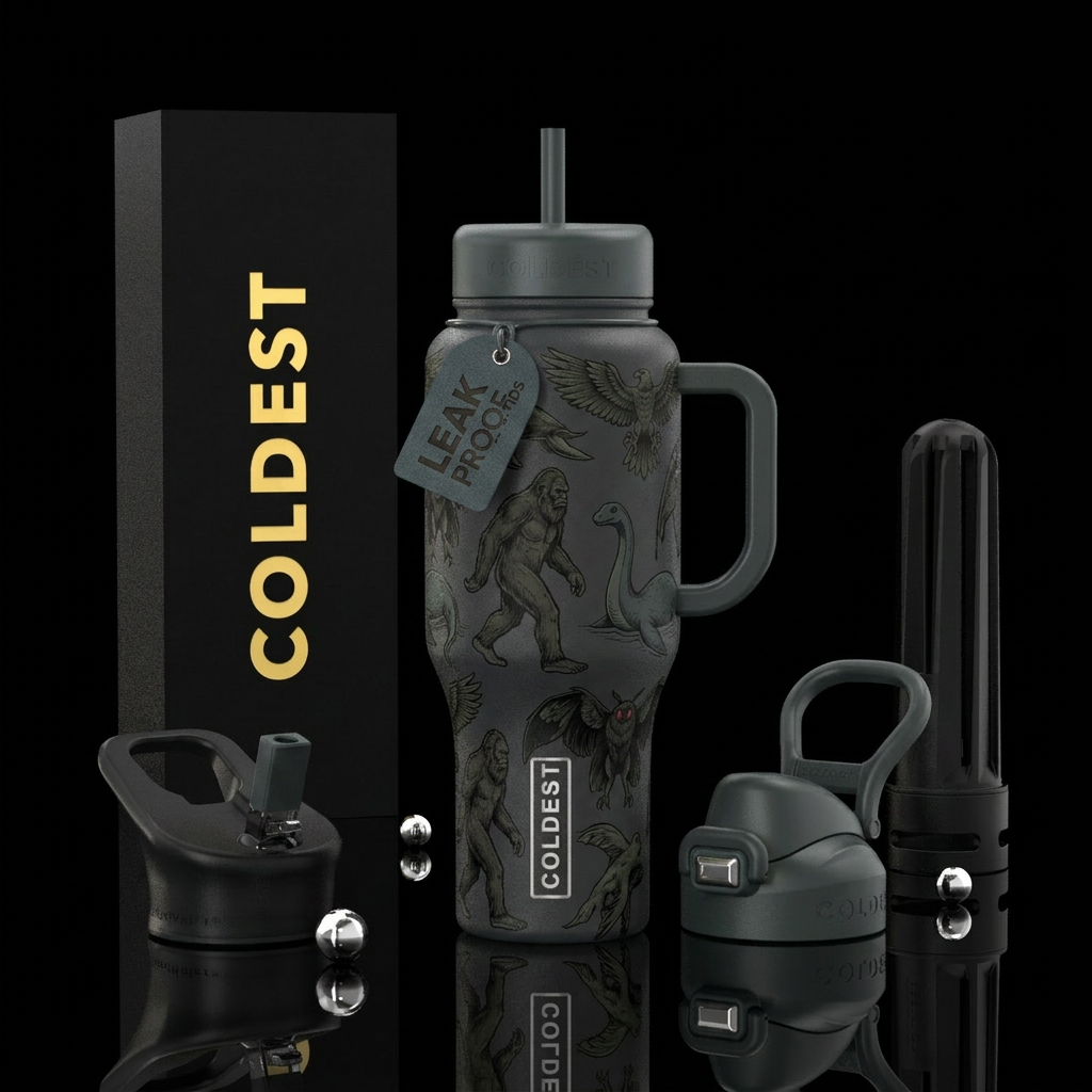 Cryptids in dark neutral tones water bottle design
