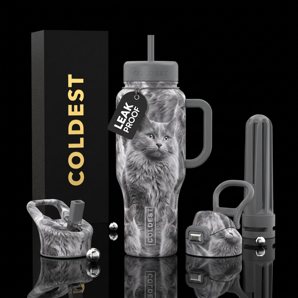 My fluffy gray cat Scooch water bottle design