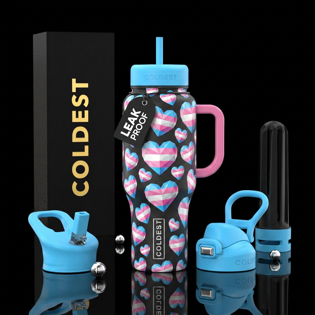 Hearts with transgender flag colors water bottle design