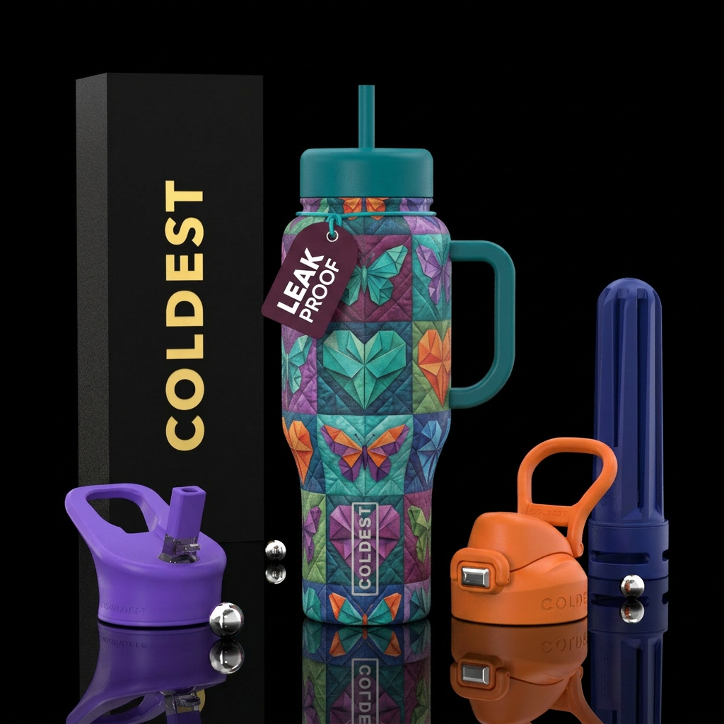 Origami style hearts and butterflies in a quilt de... water bottle design